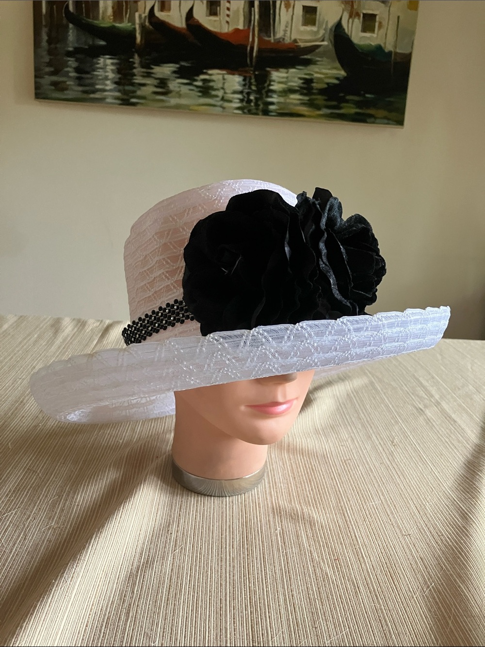 Elegant White Women's Dress Hat with Black Velvet Floral Accent